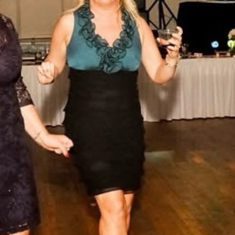Teal and Black Ruffle Cocktail Dress. Size 8